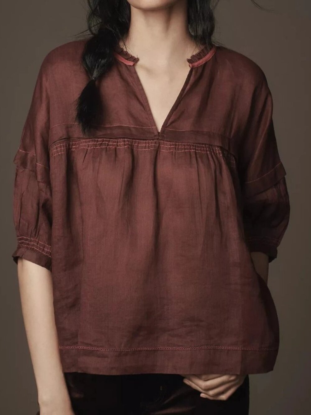 Anthropologie Maeve Balloon-Sleeve V-Neck Stitched Blouse Top Ruffle XL 290257